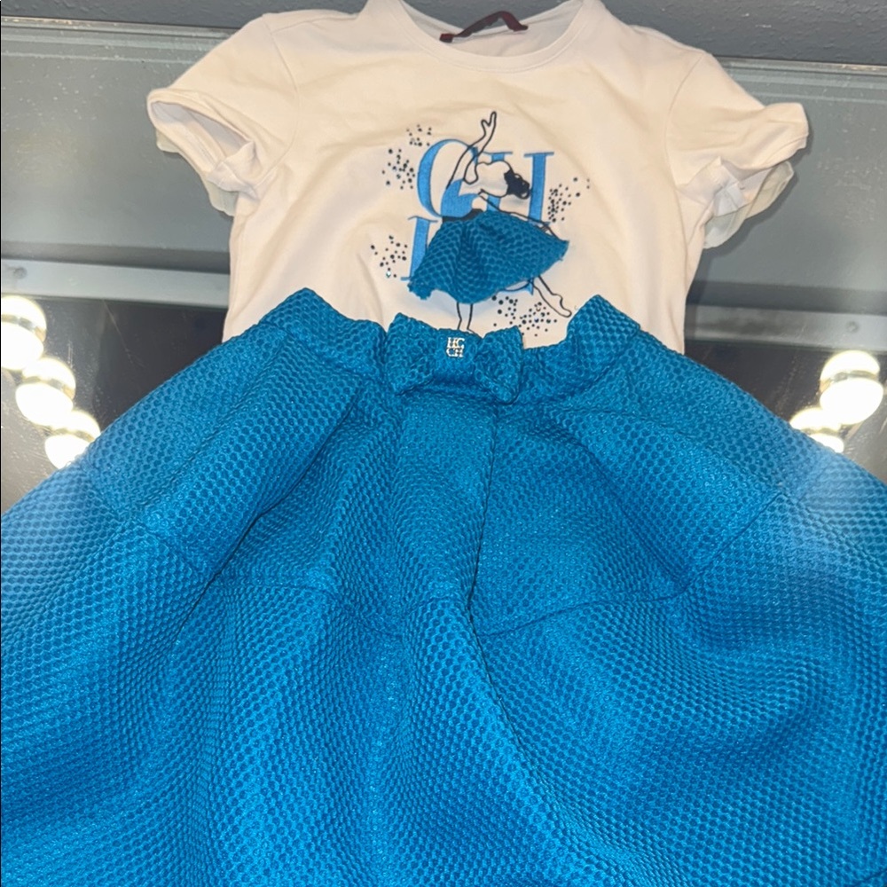 White and Blue Graphic T-Shirt with Blue Skirt Size4 fits 2 years old adjustable